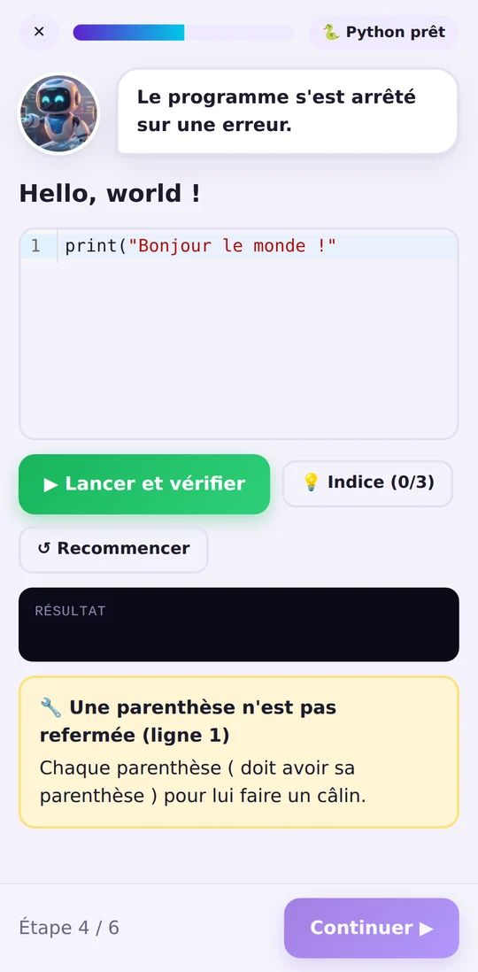 L'éditeur Python de l'appli explique une erreur avec des mots simples